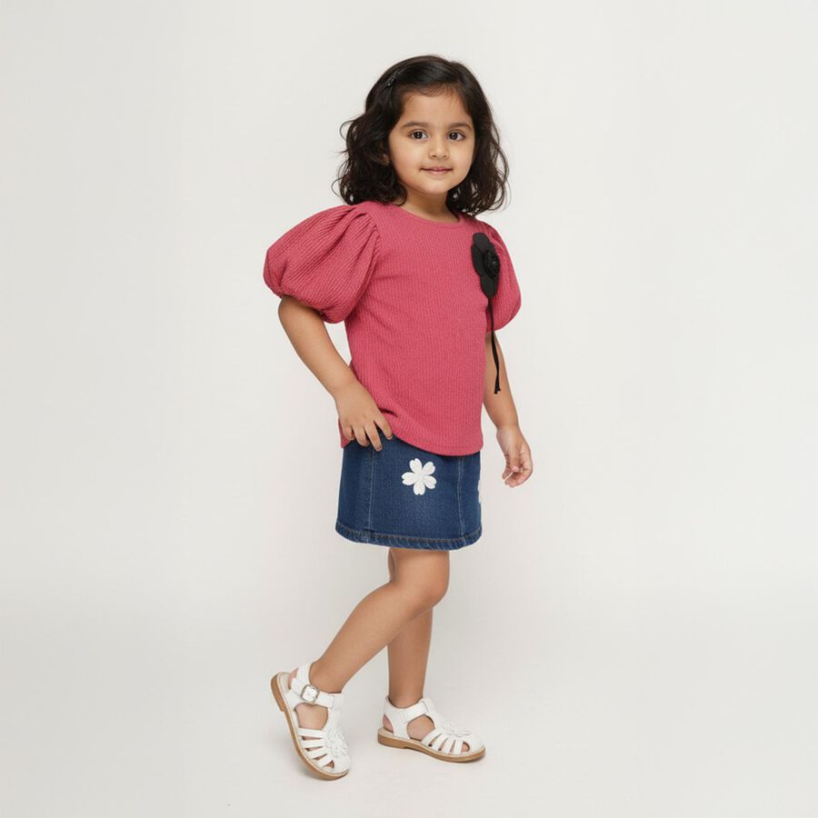 Girls Dusty Rose Pink Round Neck Puff Sleeve T-Shirt, Pink, large