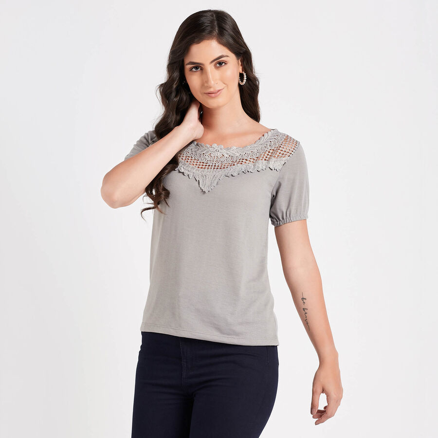 Embellished Short Sleeve Top, Dark Grey, large image number null