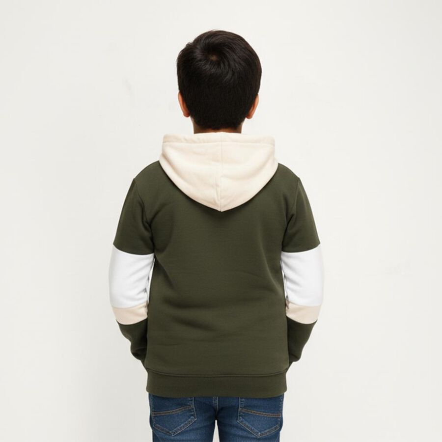 Boys Muted Olive Green Hooded Neck Casual Sweatshirt, ओलिव, large image number null
