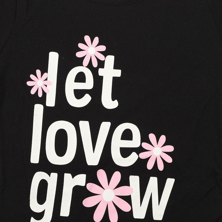 Girls Black Cotton Blend Round Neck Regular T-Shirt, Black, large