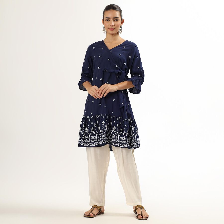 Women's Navy Blue V-Neck Embroidered Kurta, Navy Blue, large image number null