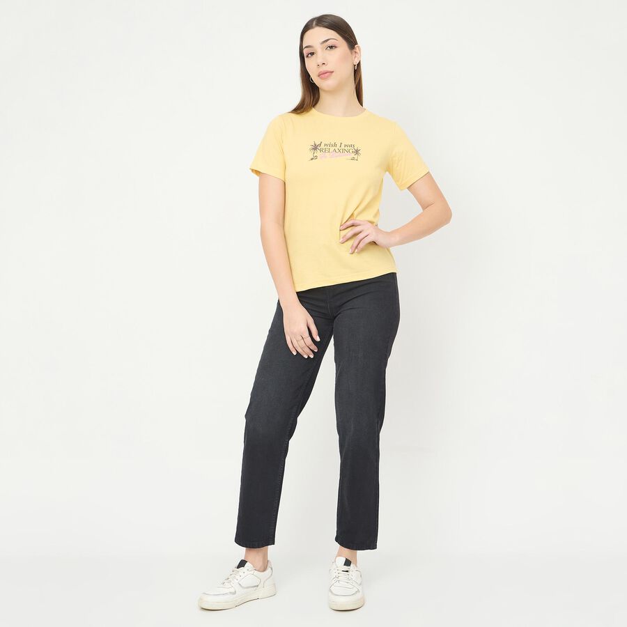 Women's Bright Yellow Round Neck Casual T-Shirt, Yellow, large