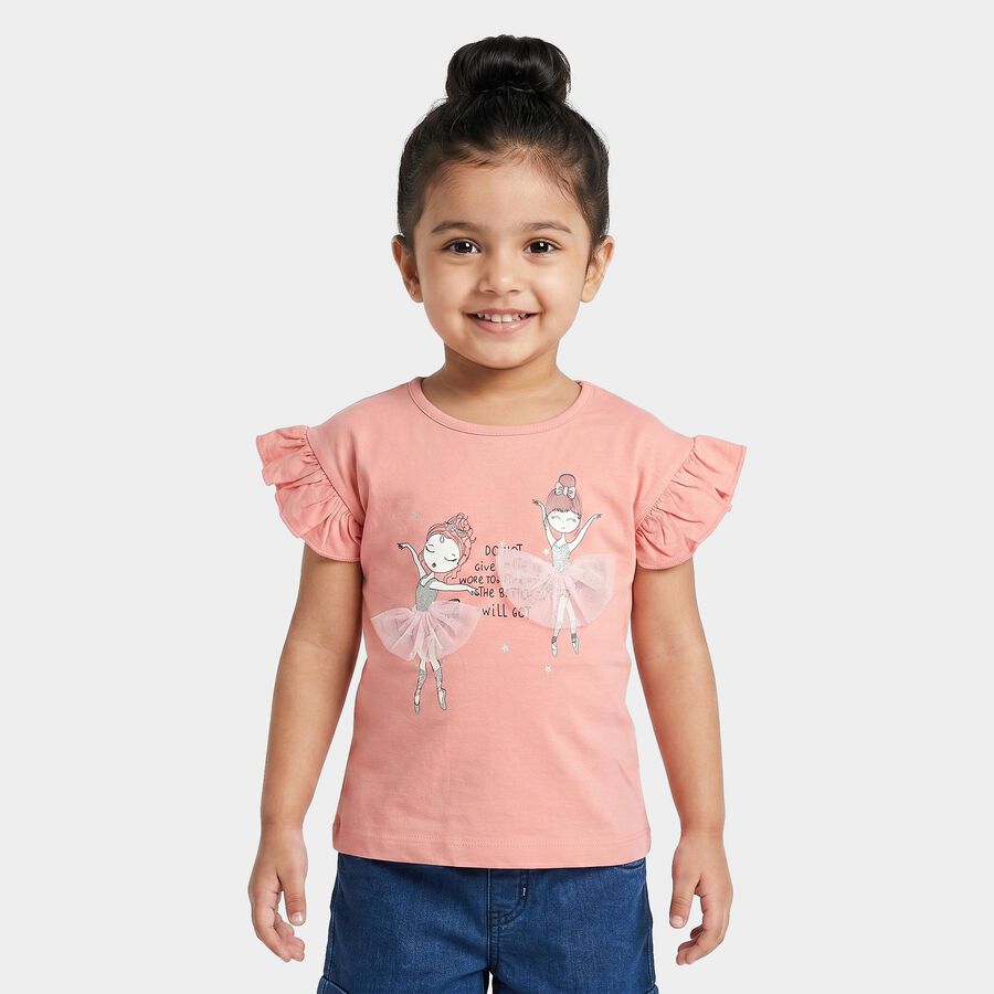Girls' Light Pink Cotton Round Neck Regular T-Shirt, Light Pink, large