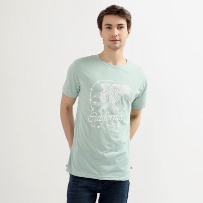 Men's Light Mint Green Round Neck Printed T-Shirt