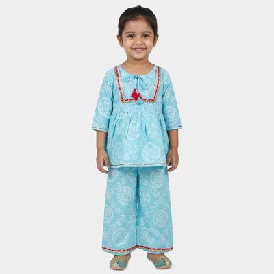 Girls' Sky Blue Round Neck Bandhani Print Peplum Top and Palazzo Fusion Set