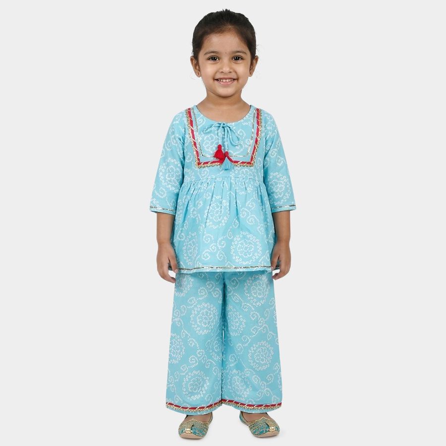 Girls' Sky Blue Round Neck Bandhani Print Peplum Top and Palazzo Fusion Set, हल्का नीला, large
