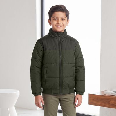 Boys Olive Green Stand Collar Puffer Jacket