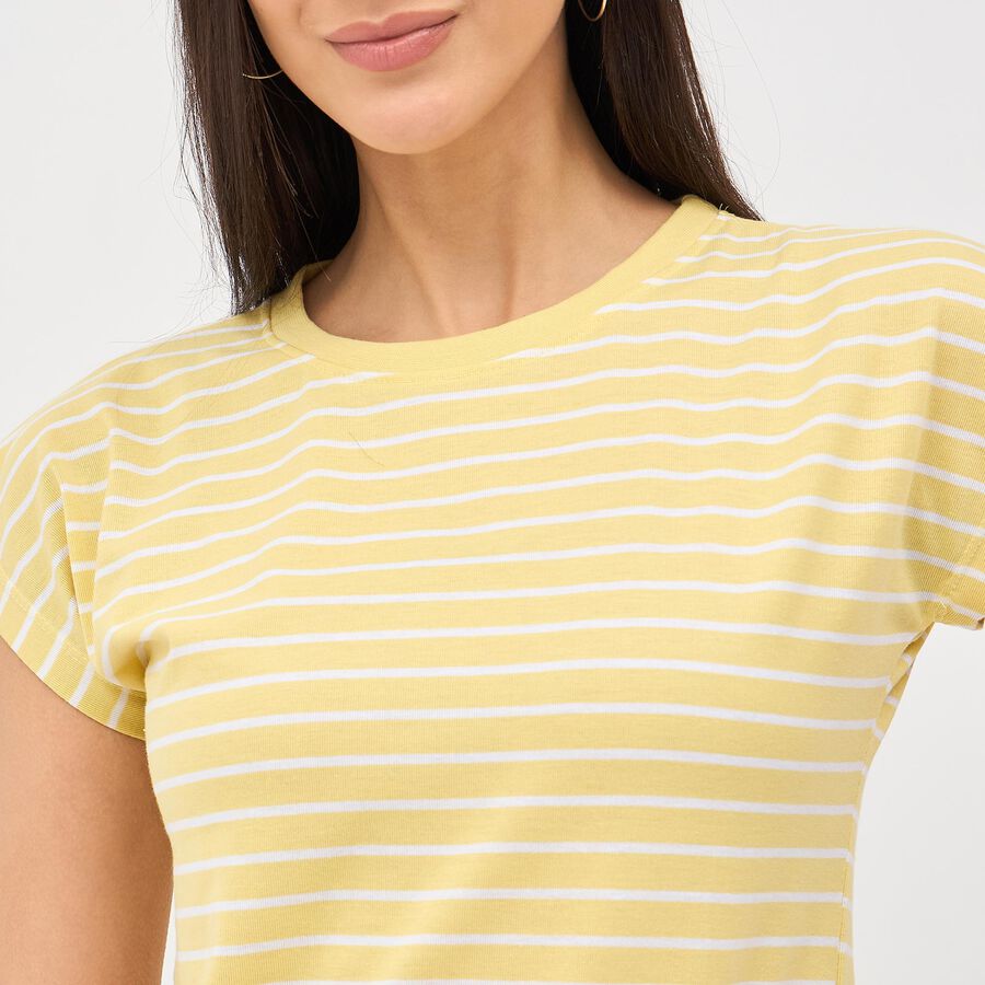 Women's Soft Yellow Round Neck Striped T-Shirt, Khaki, large image number null
