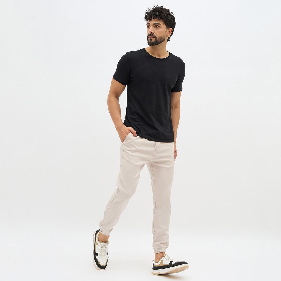 Men's Light Beige Slim Fit Elastic Waist Jogger Trousers, सिल्वर, large image number null