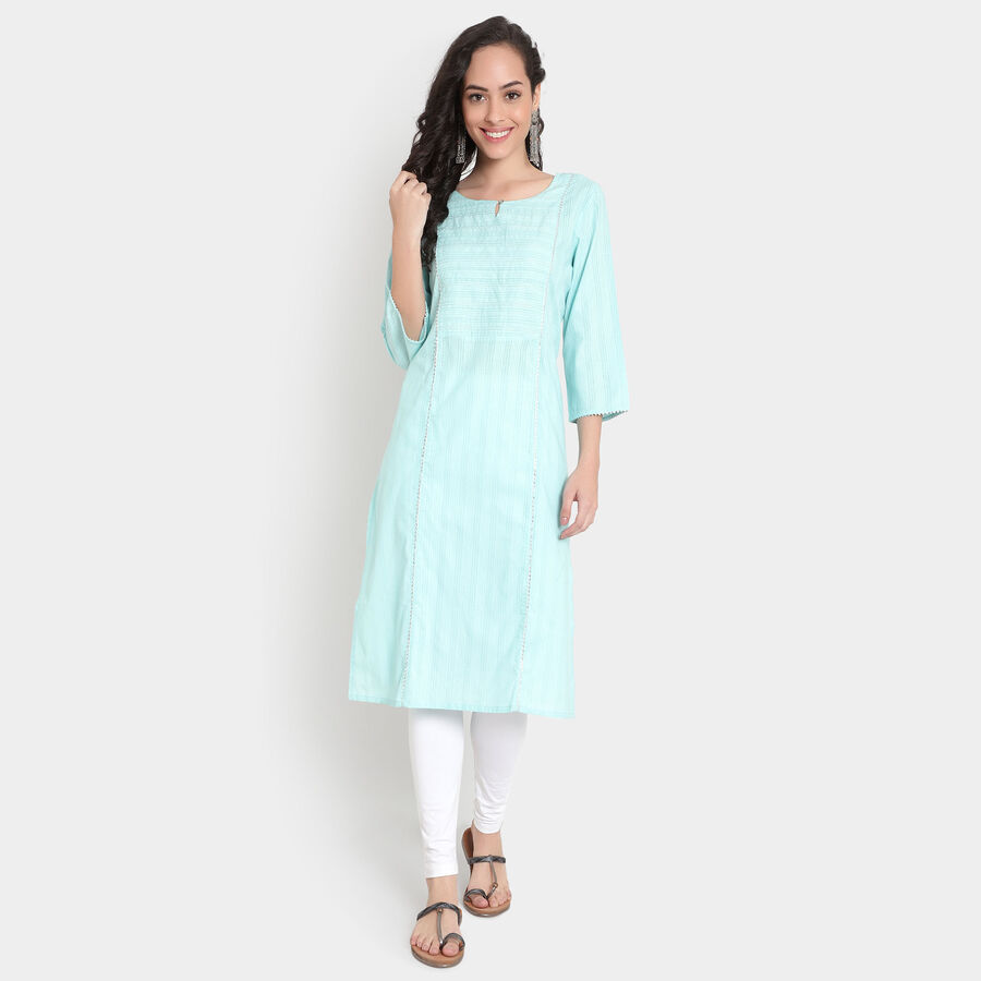 Cotton Embroidered 3/4Th Sleeves Kurta, Light Blue, large image number null