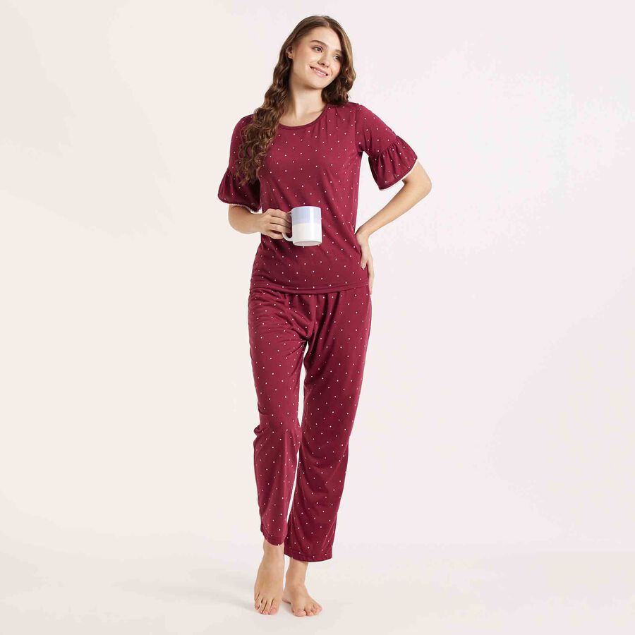 Printed Night Suit, Maroon, large image number null
