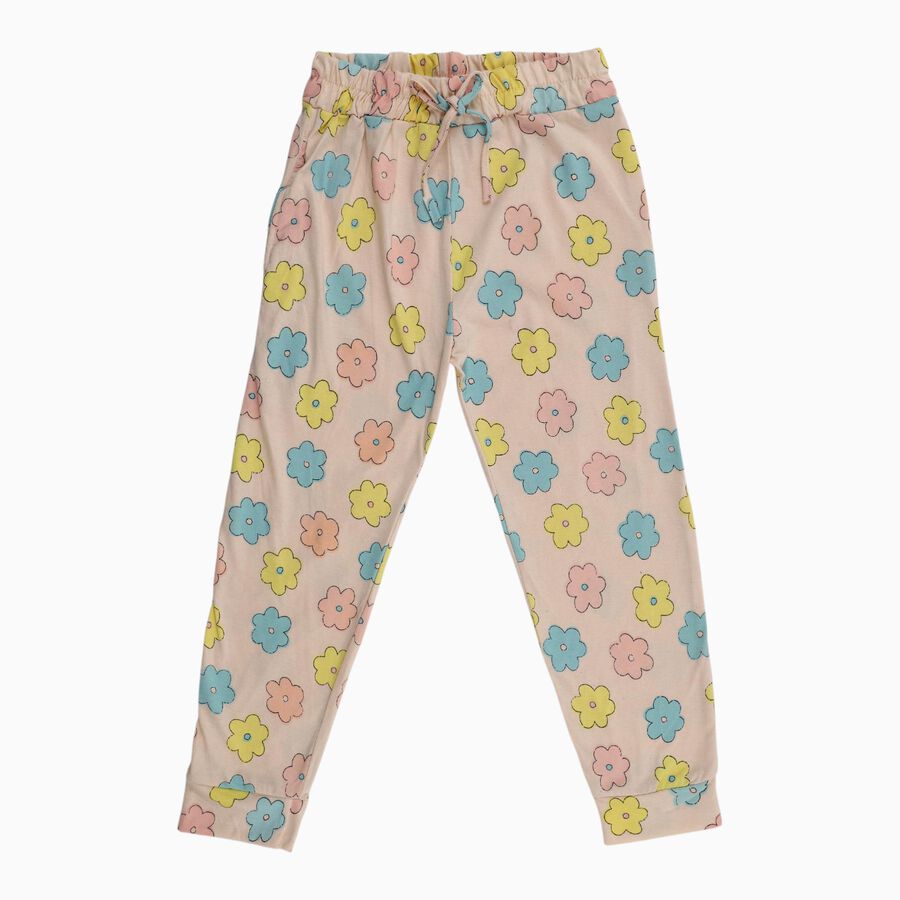 Girls Light Beige Floral Printed Cotton Blend Pyjama, Light Pink, large image number null