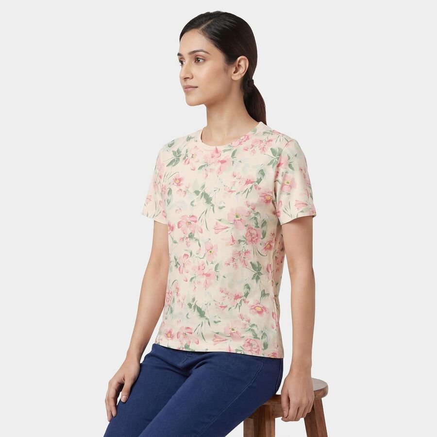 Women's Beige Round Neck Graphic T-Shirt, गहरा पीला, large