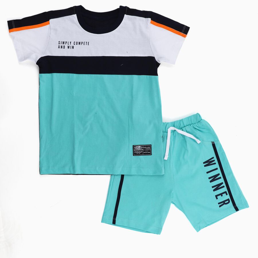 Boys' White Cotton Round Neck Color-Blocked Baba Suit, White, large image number null