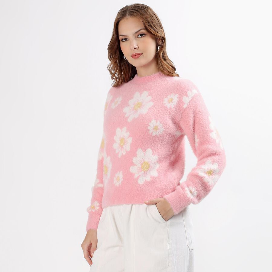 Women's Light Pink Crew Neck Floral Pullover, हल्का गुलाबी, large image number null