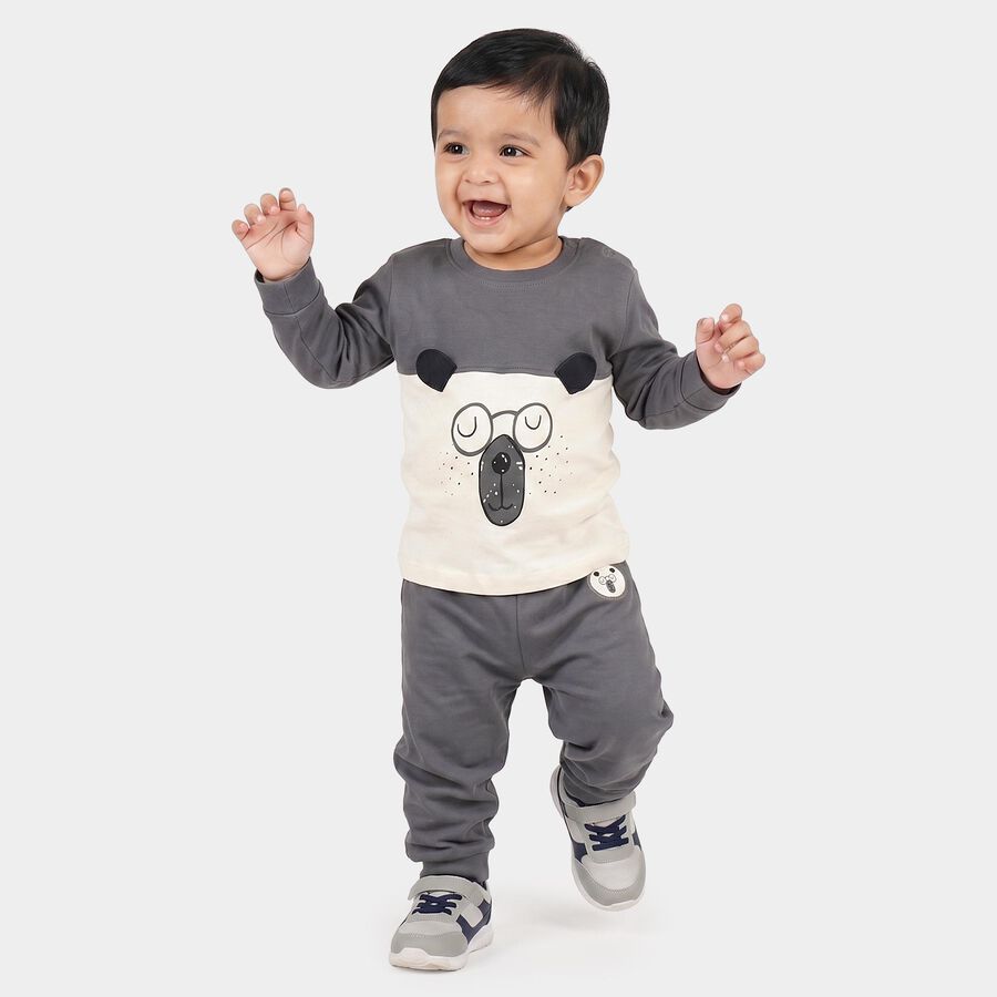 Infants' Grey Cotton Round Neck Graphic Print Baba Suit, Dark Grey, large