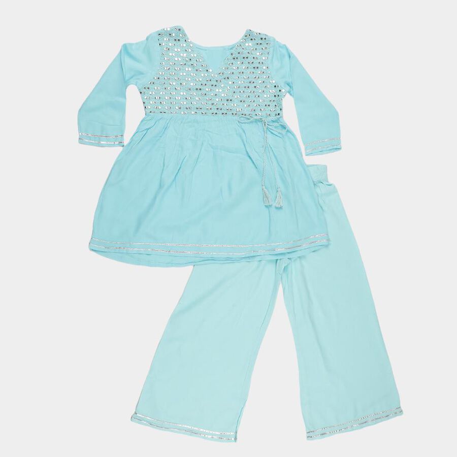 Girls Light Blue Embroidered Bohemian Kurta and Palazzo Fusion Set, हल्का नीला, large