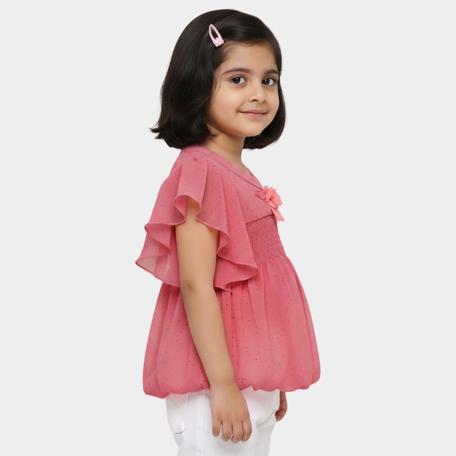 Girls' Pink Round Neck Romantic T-Shirt, Pink, large