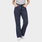 Women's Navy Blue Straight Fit Washed Jeans, मध्यम नीला, small