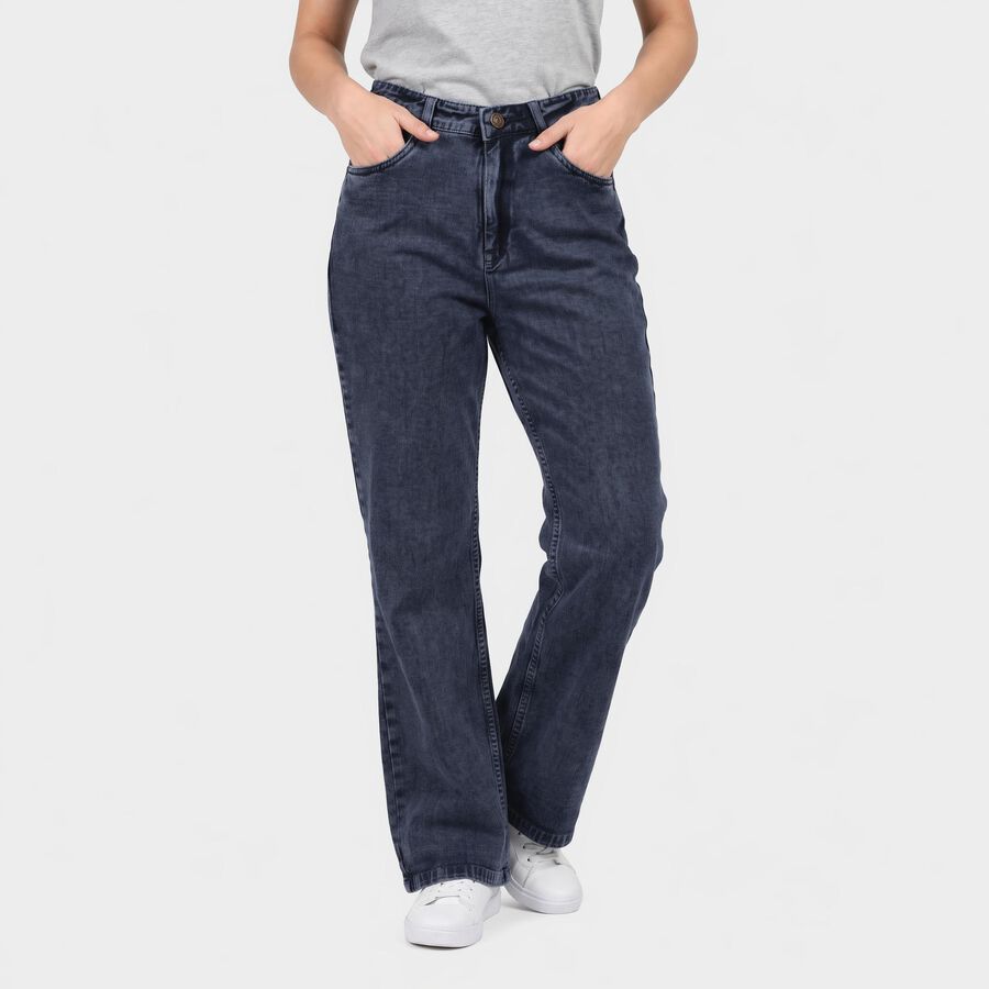 Women's Navy Blue Straight Fit Washed Jeans, मध्यम नीला, large