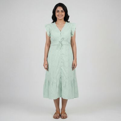 Women's Light Green Cotton Round Neck Floral Print Ruffle Sleeve Dress