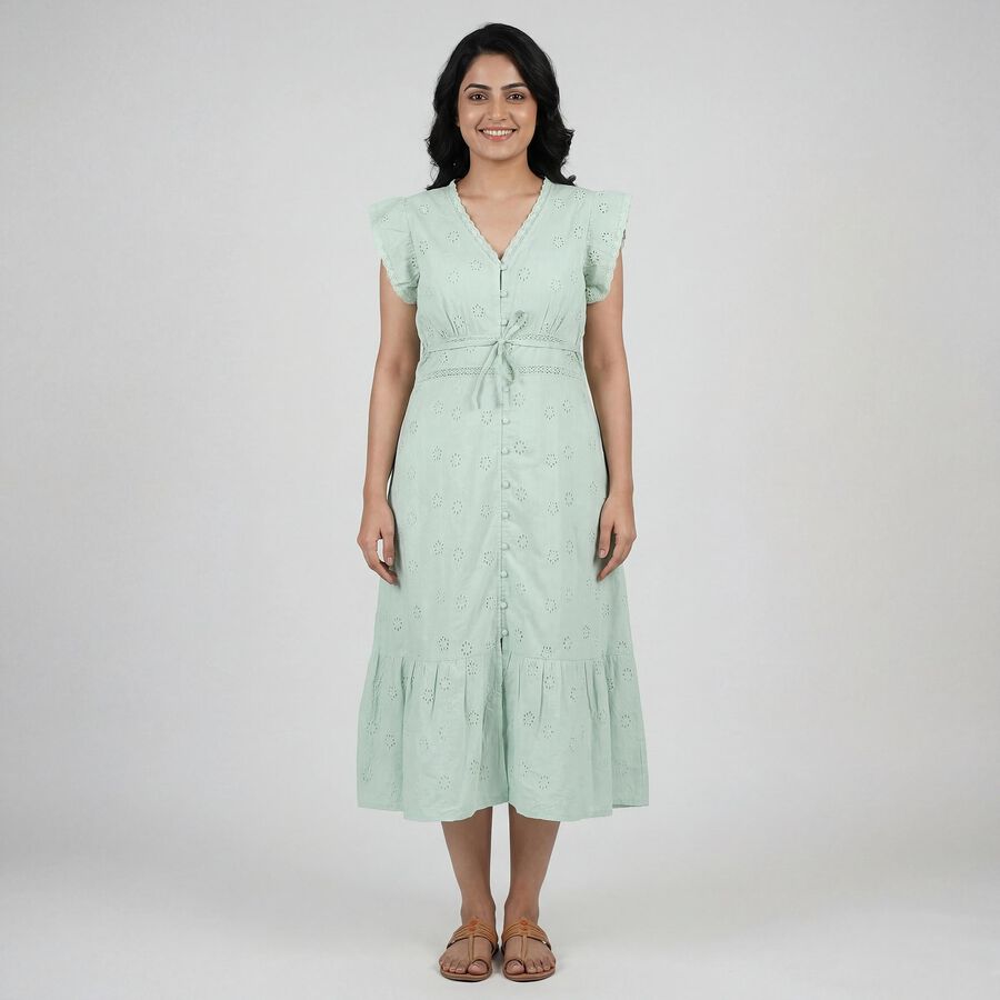 Women's Light Green Cotton Round Neck Floral Print Ruffle Sleeve Dress, Light Green, large