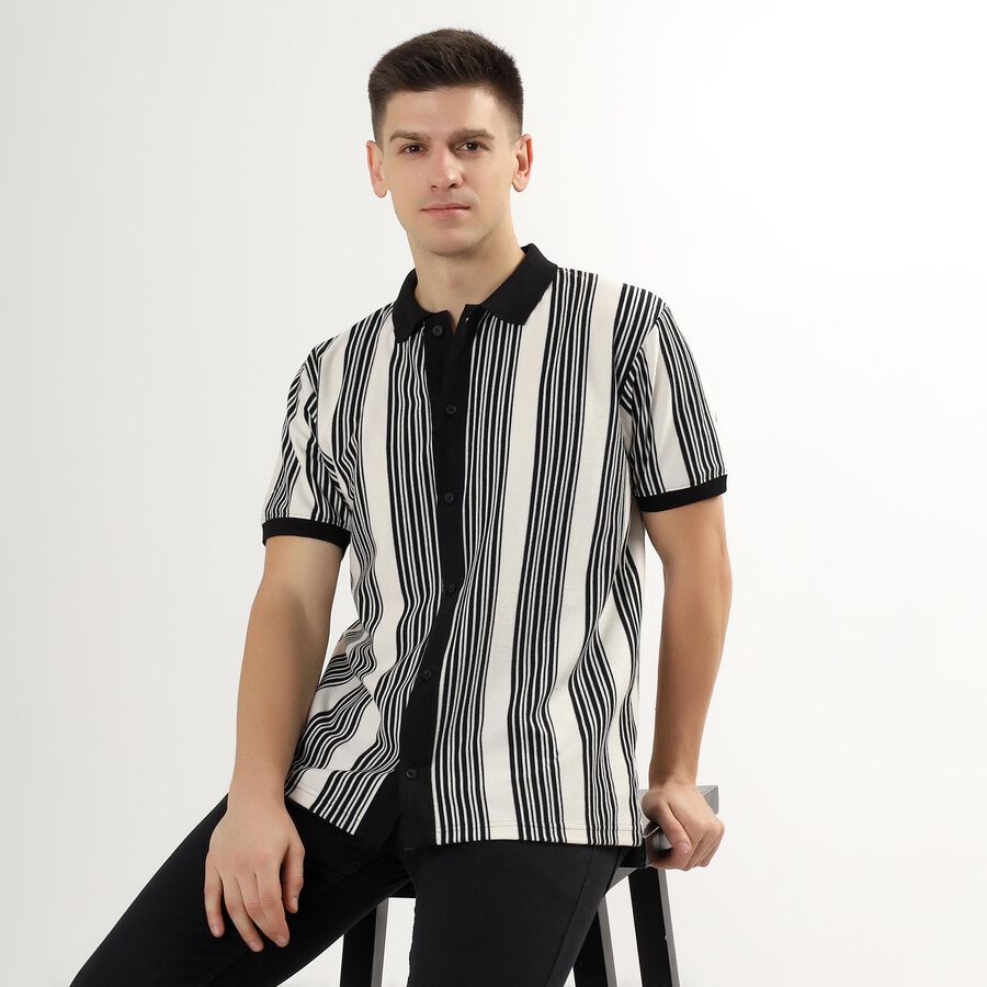 Men's Black and White Regular Collar Casual Shirt, Black, large