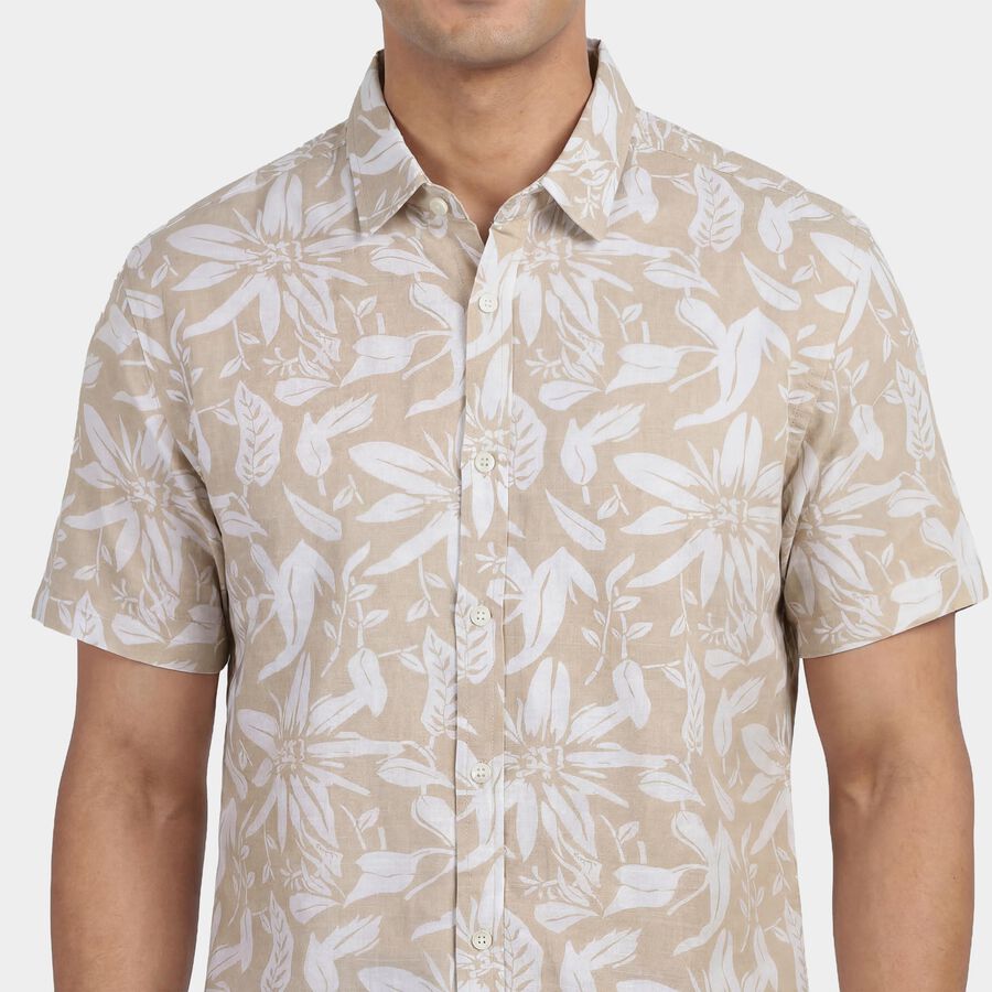 Men's Beige Cotton Classic Collar Casual Shirt, Beige, large