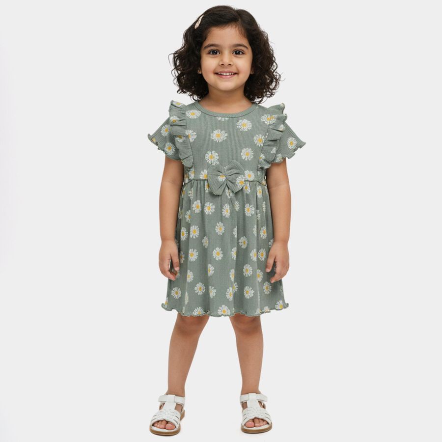 Infant Girls' Green Flared Daisy Print Ruffle Sleeve Frock, Light Green, large