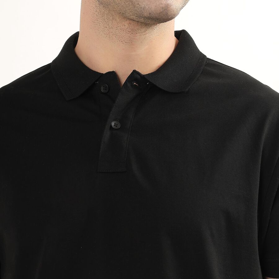 Men's Jet Black Cotton Polo Neck Solid T-Shirt, काला, large