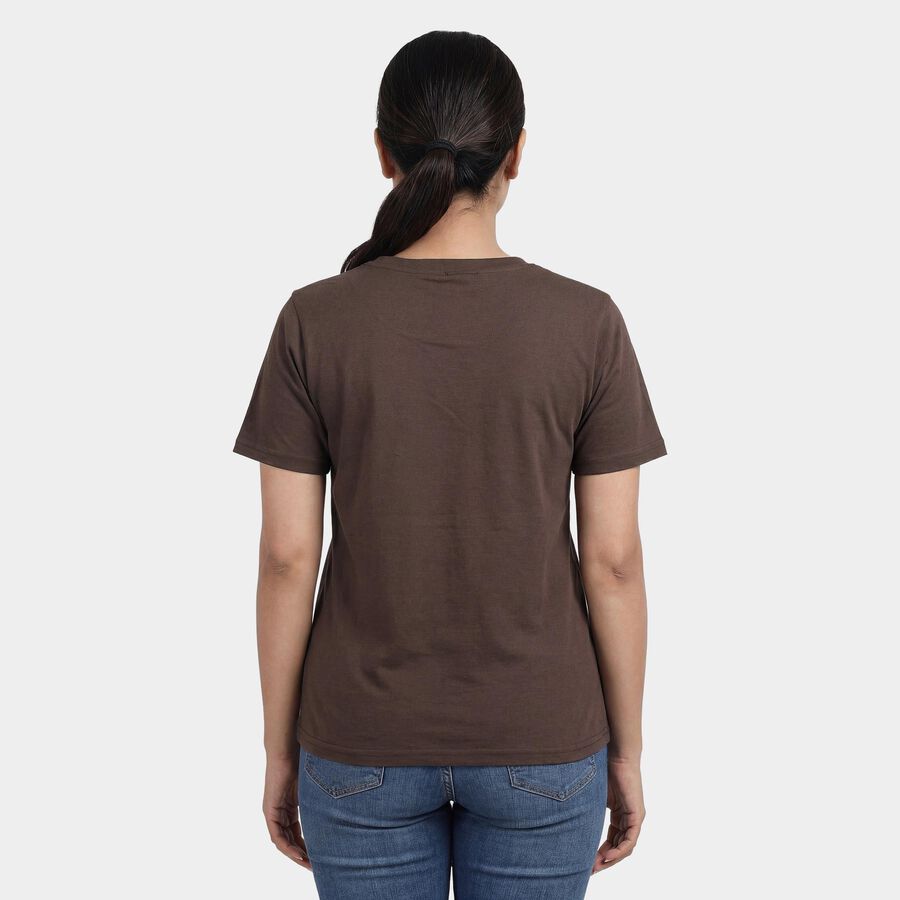 Women's Brown Round Neck Casual T-Shirt, Brown, large