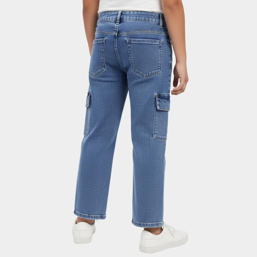 Boys' Stonewashed Blue Relaxed Fit Cargo Jeans, मध्यम नीला, large image number null