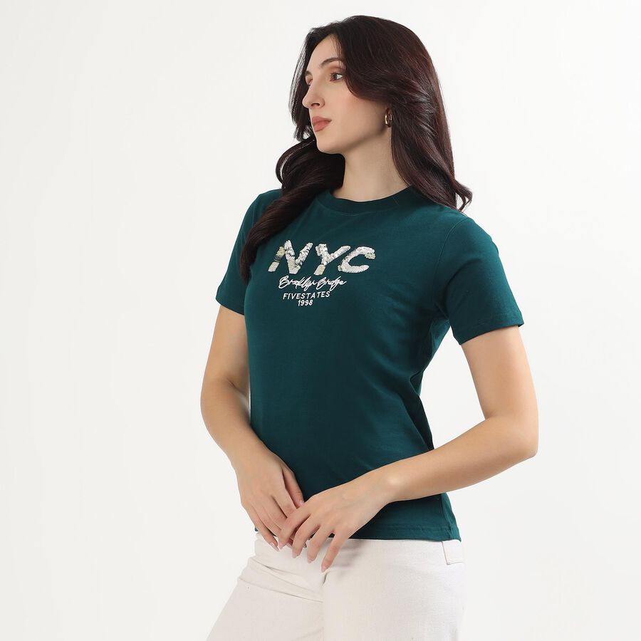 Women's Deep Green Cotton Round Neck Casual T-Shirt, Dark Green, large image number null