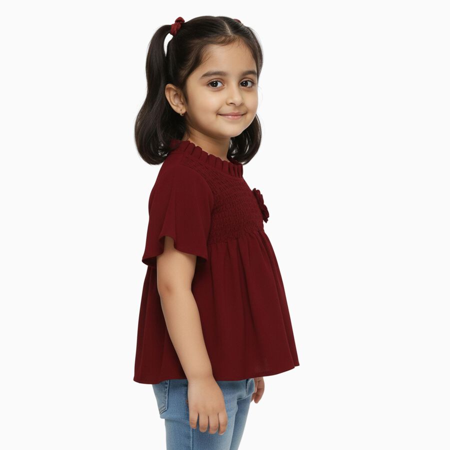 Girls' Deep Maroon Ruffle Neck Casual T-Shirt, वाइन, large