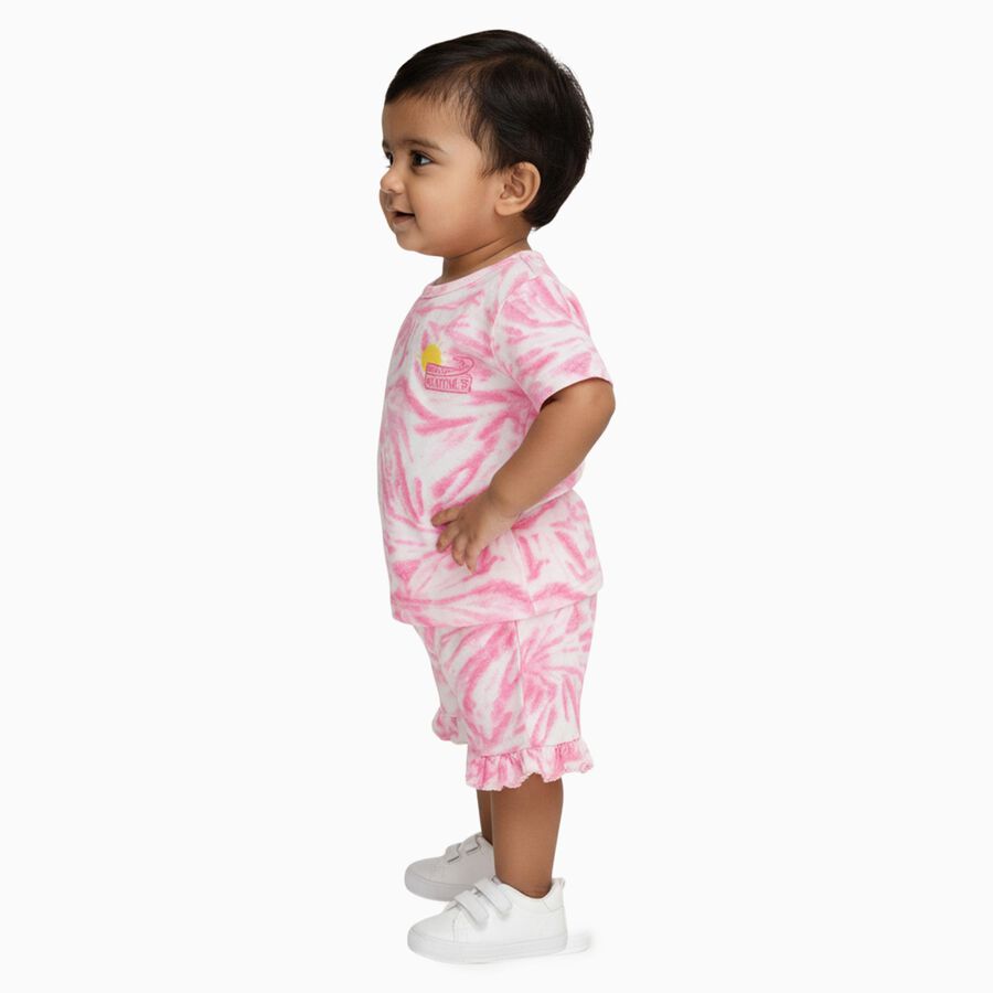 Infant Bright Pink Cotton Round Neck Casual Shorts Set, गुलाबी, large