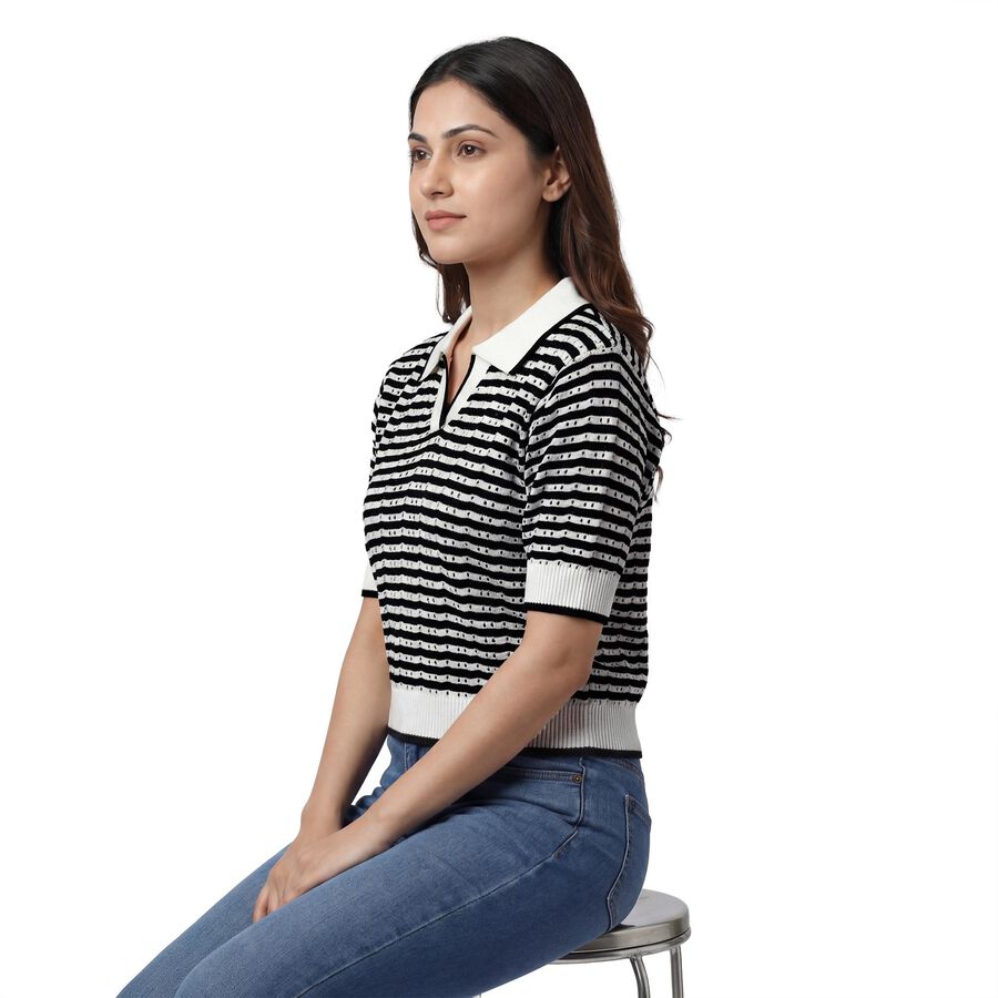 Women's Black Cotton Round Neck Minimalist Top, Black, large