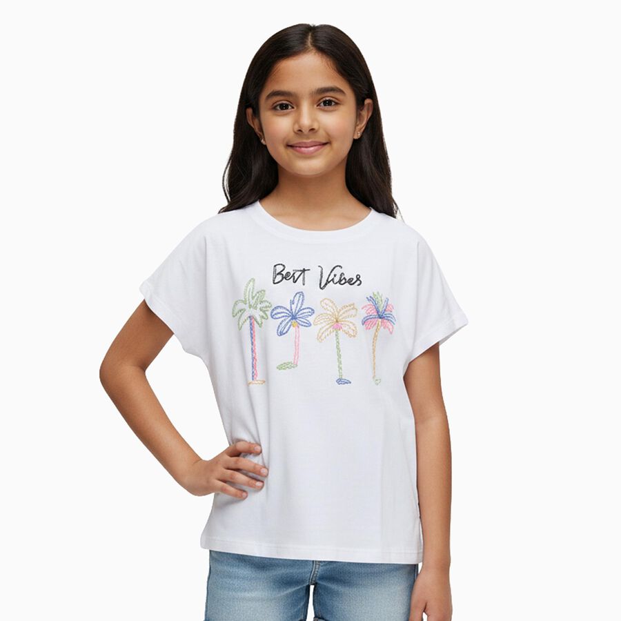 Girls' White Cotton Round Neck Embroidered T-Shirt, सफ़ेद, large