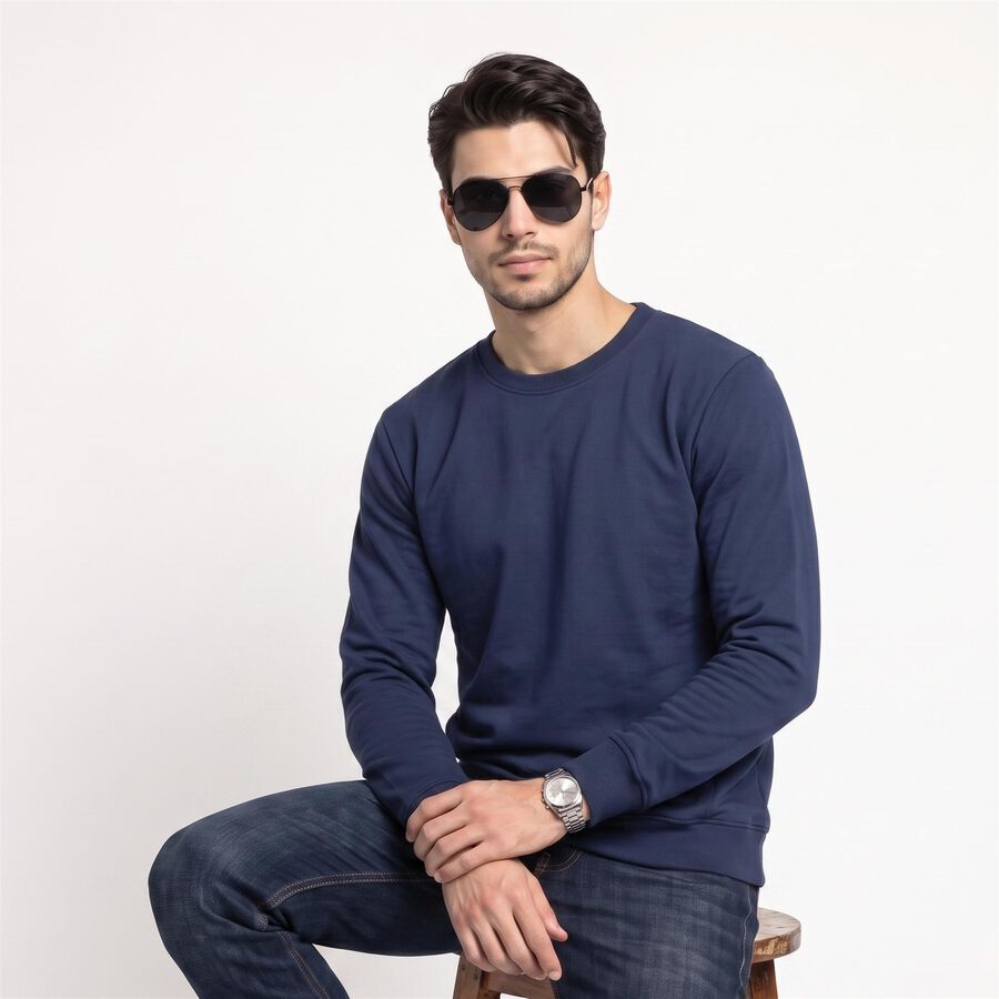 Men's Navy Blue Crew Neck Pullover Sweatshirt, Dark Blue, large