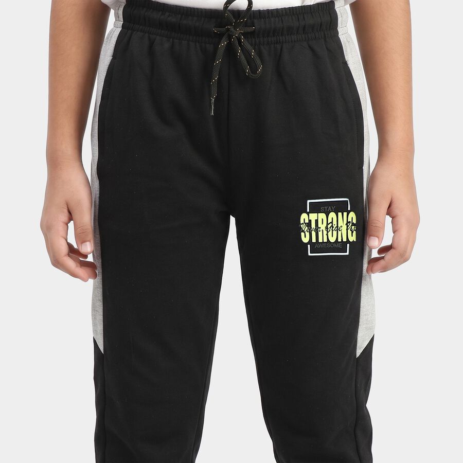 Boys' Black Graphic Print Cotton Blend Jogger Pyjama, काला, large