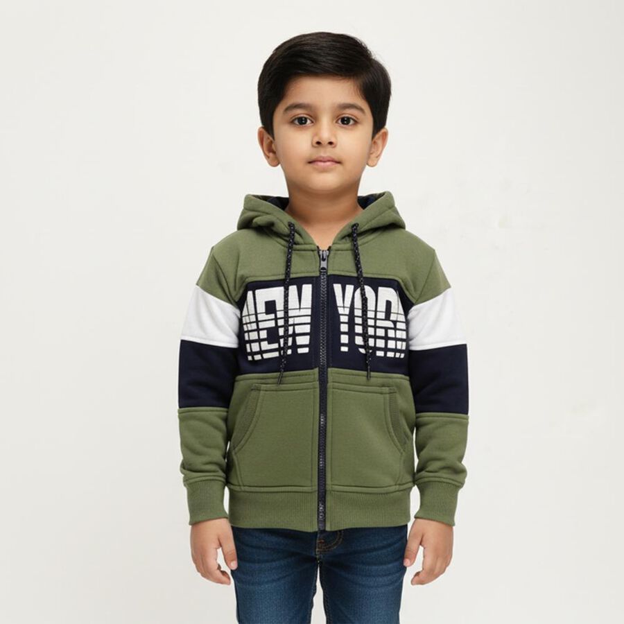 Boys Olive Green Hooded Neck Casual Sweatshirt, Olive, large image number null