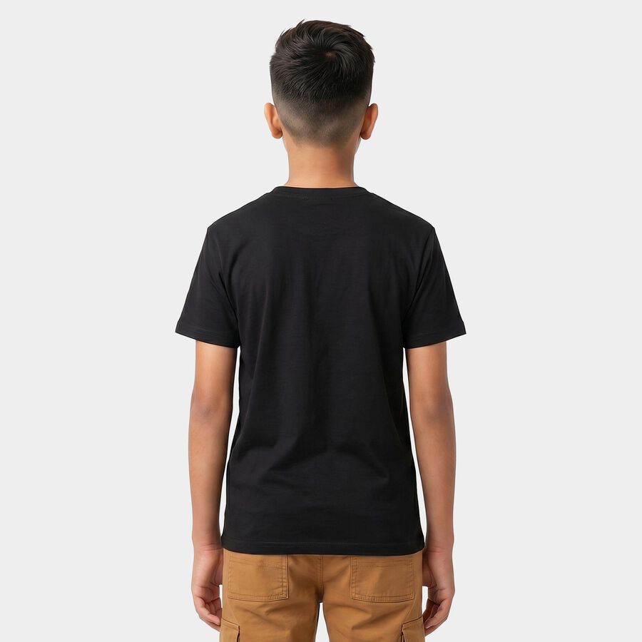 Boys Black Cotton Blend Crew Neck Regular Boys T-Shirt, काला, large
