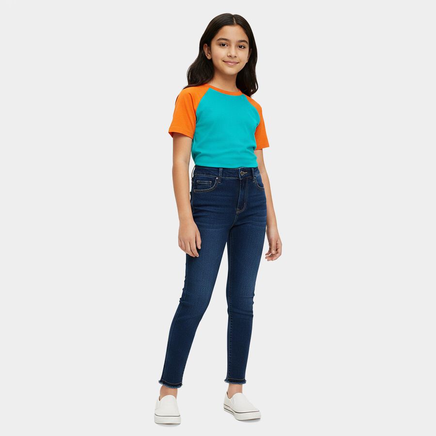 Girls' Navy Blue Regular Fit Stretchable Jeans, Dark Blue, large