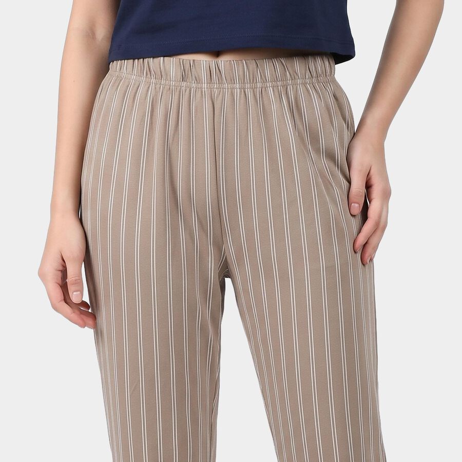 Women's Grey Straight Fit Striped Lounge Pyjama, हल्का ग्रे, large