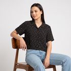 Women Black Floral Camp Collar Shirt, Black, small