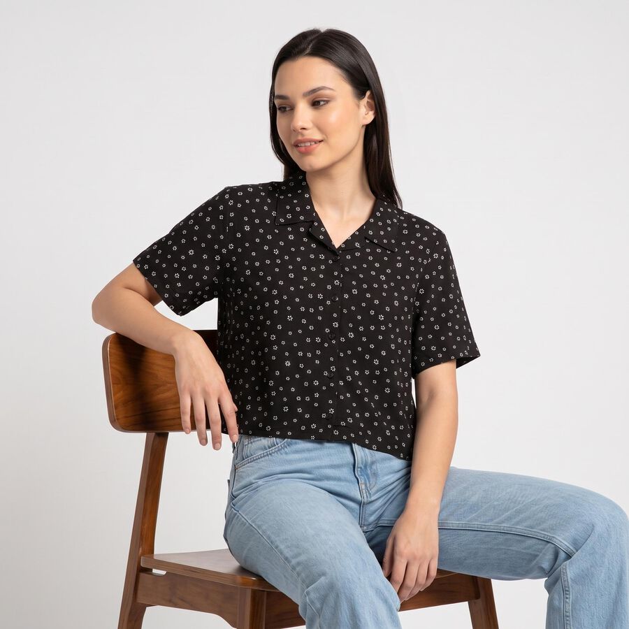 Women Black Floral Camp Collar Shirt, Black, large