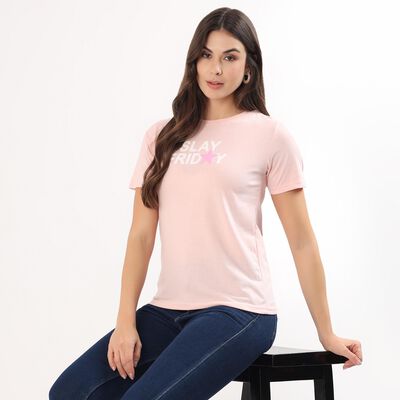 Women's Light Pink Round Neck Casual T-Shirt