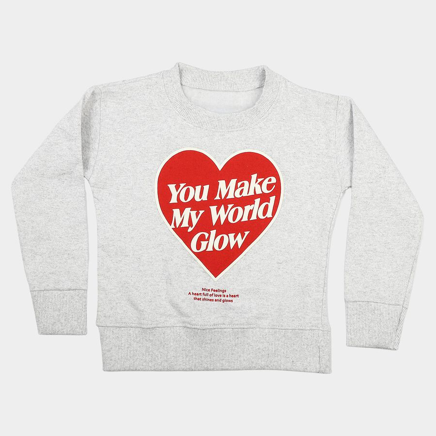 Girls' Ecru Melange Crew Neck Graphic Print Sweatshirt, Ecru Melange, large