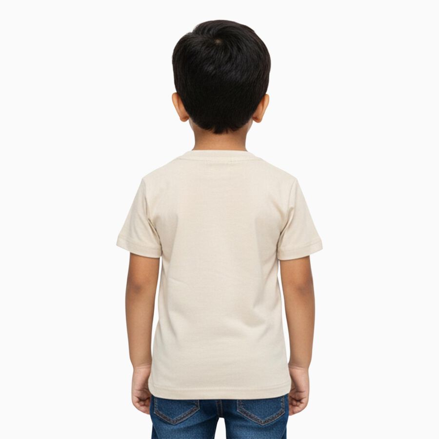 Boys Soft Beige Cotton Crew Neck Casual T-Shirt, Off White, large