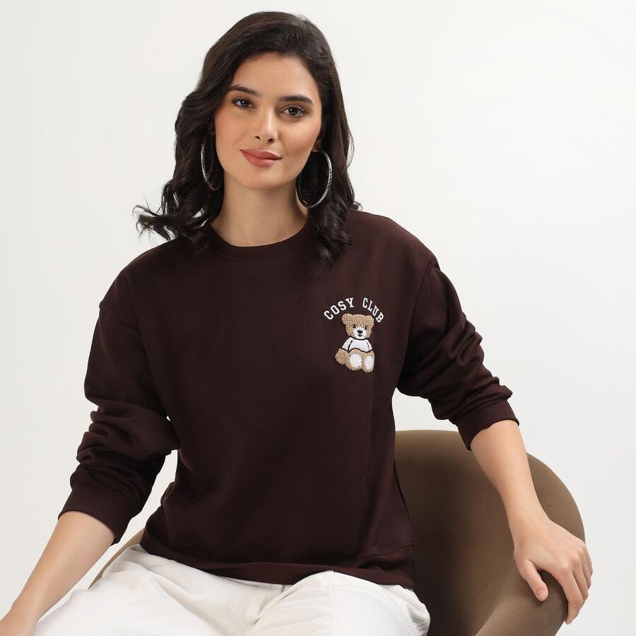 Women's Dark Chocolate Brown Crew Neck Casual Sweatshirt, भूरा, large image number null