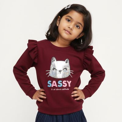 Girls' Deep Maroon Crew Neck Graphic Sweatshirt
